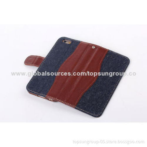 High-quality Denim + PU Flip Cases for iPhone 6 with Card Slots and Hanging Rope